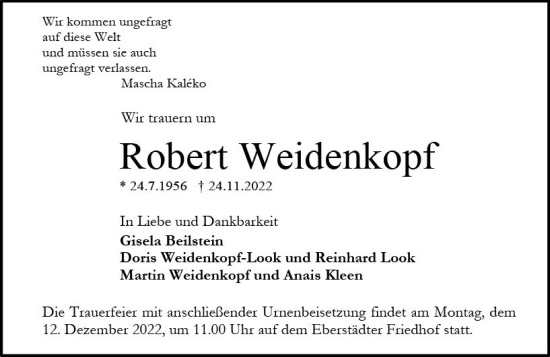 Traueranzeige von Robert Weidenkopf von vrm-trauer Darmstädter Echo