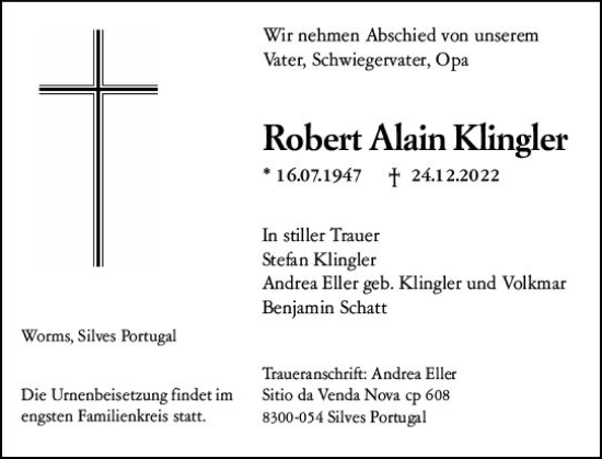 Traueranzeige von Robert Alain Klingler von vrm-trauer Wormser Zeitung