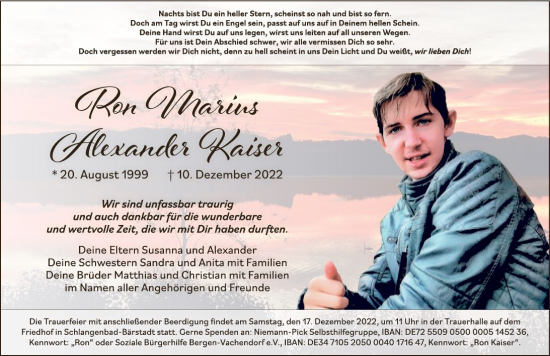Traueranzeige von Ron Marius Alexander Kaiser von vrm-trauer Wiesbadener Kurier