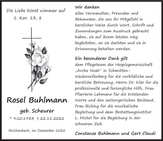 Traueranzeige von Rosel Buhlmann von vrm-trauer Idsteiner Zeitung