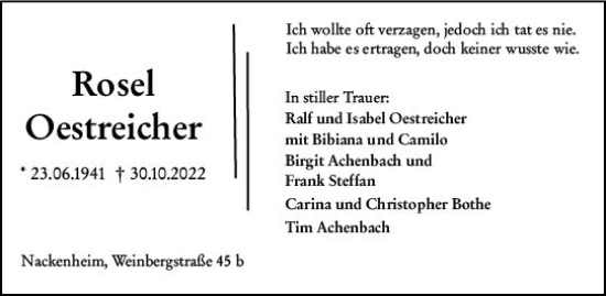 Traueranzeige von Rosel Oestreicher von vrm-trauer AZ Mainz