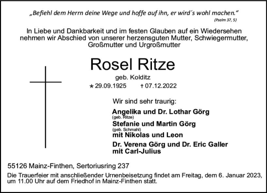 Traueranzeige von Rosel Ritze von vrm-trauer AZ Mainz
