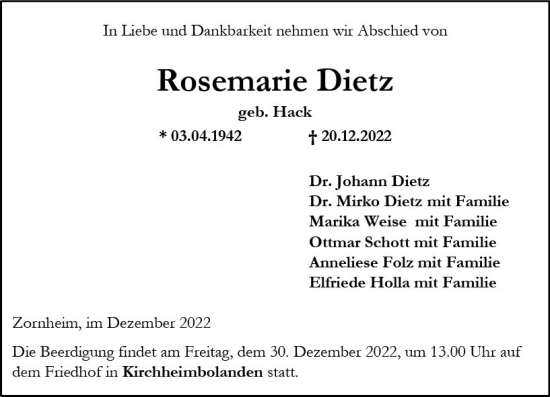 Traueranzeige von Rosemarie Dietz von vrm-trauer AZ Mainz