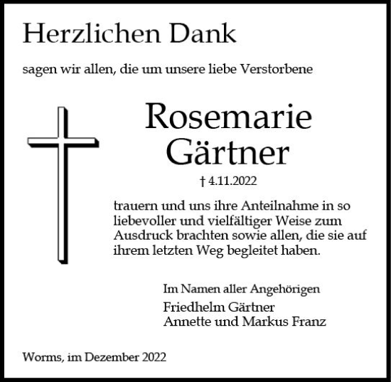 Traueranzeige von Rosemarie Gärtner von vrm-trauer Wormser Zeitung