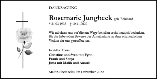 Traueranzeige von Rosemarie Jungbeck von vrm-trauer AZ Mainz