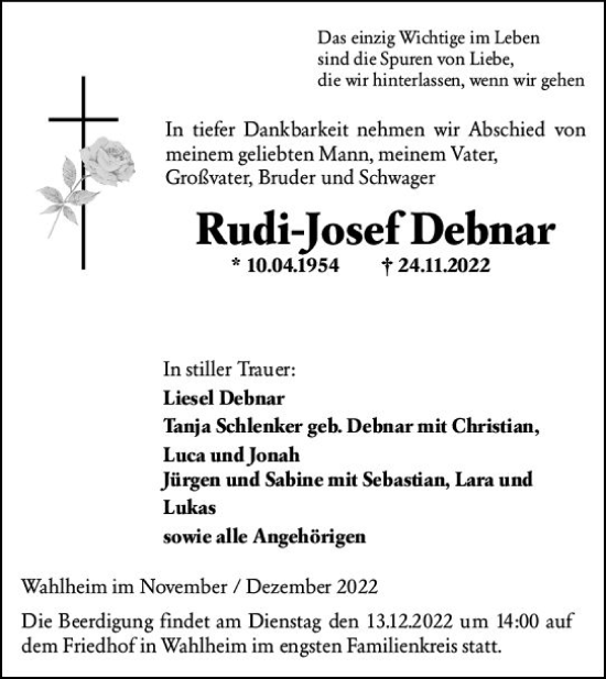 Traueranzeige von Rudi-Josef Debnar von vrm-trauer Allgemeine Zeitung Alzey