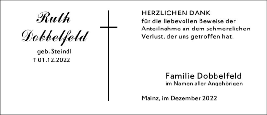 Traueranzeige von Ruth Dobbelfeld von vrm-trauer AZ Mainz