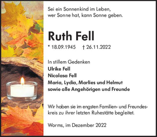 Traueranzeige von Ruth Fell von vrm-trauer Wormser Zeitung