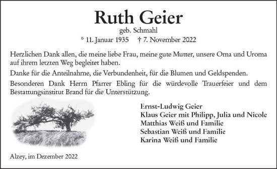 Traueranzeige von Ruth Geier von vrm-trauer Allgemeine Zeitung Alzey