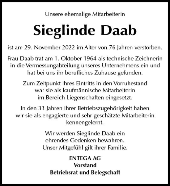 Traueranzeige von Sieglinde Daab von vrm-trauer Odenwälder Echo