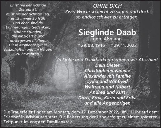 Traueranzeige von Sieglinde Daab von vrm-trauer Darmstädter Echo