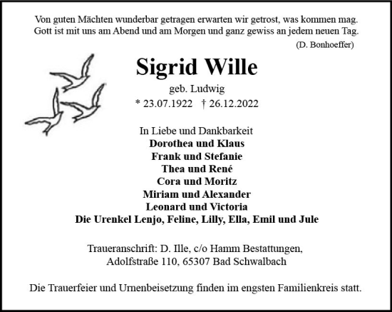 Traueranzeige von Sigrid Wille von vrm-trauer Wiesbadener Kurier