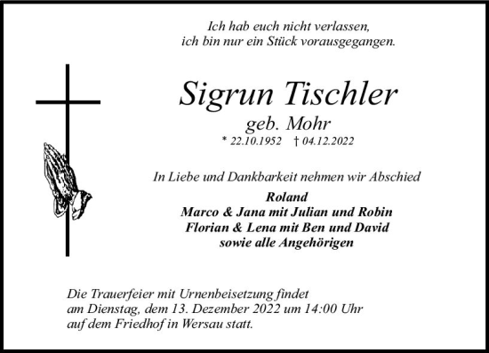 Traueranzeige von Sigrun Tischler von vrm-trauer Odenwälder Echo