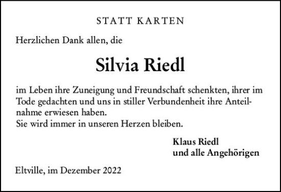 Traueranzeige von Silvia Riedl von vrm-trauer Wiesbadener Kurier