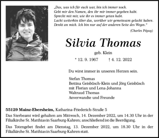 Traueranzeige von Silvia Thomas von vrm-trauer AZ Mainz