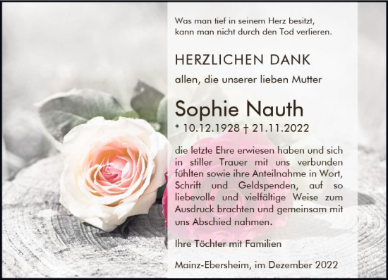 Traueranzeige von Sophia Nauth von vrm-trauer AZ Mainz