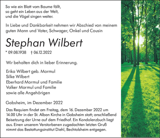 Traueranzeige von Stephan Wilbert von vrm-trauer Allgemeine Zeitung Alzey