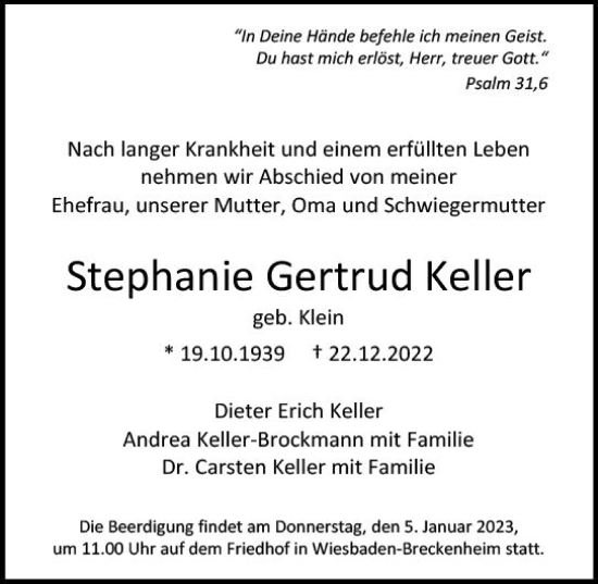 Traueranzeige von Stephanie Gertrud Keller von vrm-trauer Wiesbadener Kurier