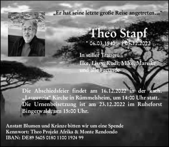 Traueranzeige von Theo Stapf von vrm-trauer Allgemeine  Zeitung Ingelheim-Bingen