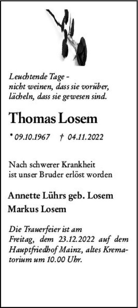 Traueranzeige von Thomas Losem von vrm-trauer Allgemeine  Zeitung Ingelheim-Bingen