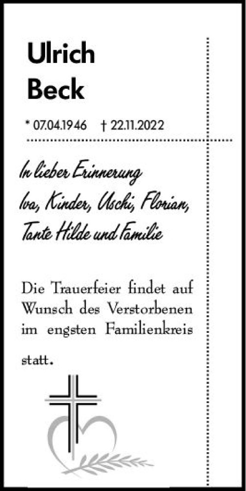 Traueranzeige von Ulrich Beck von vrm-trauer Darmstädter Echo