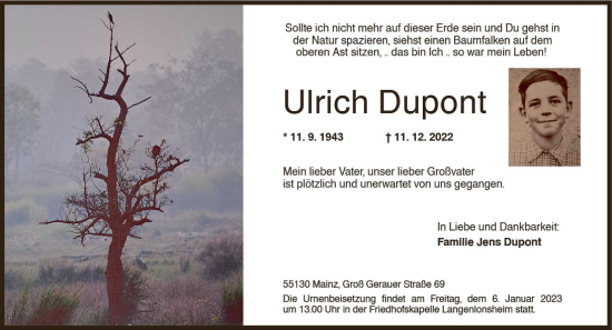 Traueranzeige von Ulrich Dupont von vrm-trauer Allg. Zeitung Bad Kreuznach