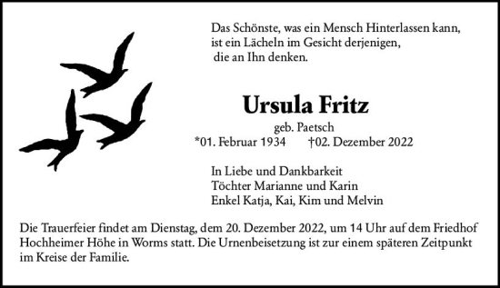 Traueranzeige von Ursula Fritz von vrm-trauer Wormser Zeitung