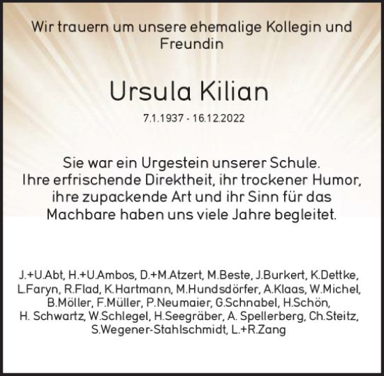 Traueranzeige von Ursula Kilian von vrm-trauer Wiesbadener Kurier