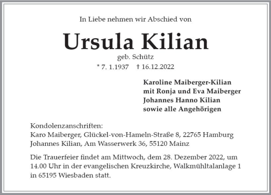 Traueranzeige von Ursula Kilian von vrm-trauer Bürstädter/Lamperth. Ztg/Starkenburger