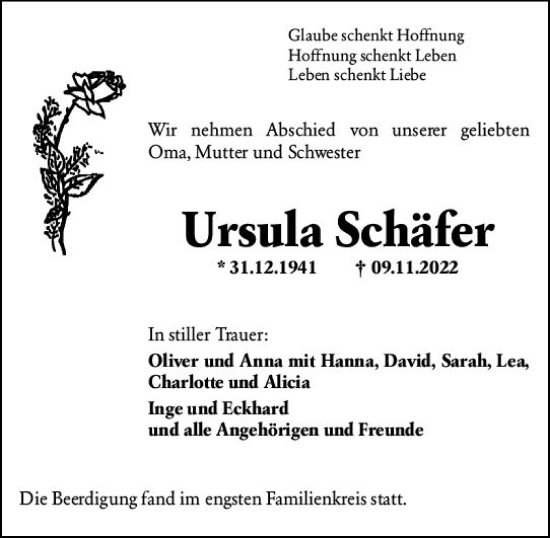 Traueranzeige von Ursula Schäfer von vrm-trauer Wiesbadener Kurier