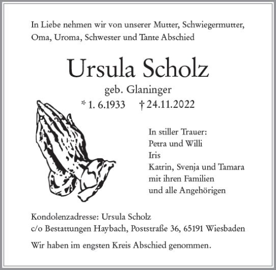 Traueranzeige von Ursula Scholz von vrm-trauer Wiesbadener Kurier