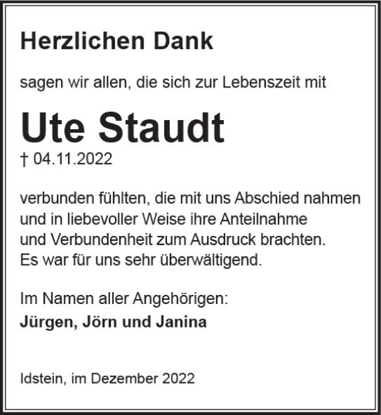 Traueranzeige von Ute Staudt von vrm-trauer Idsteiner Zeitung