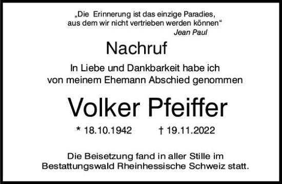 Traueranzeige von Volker Pfeiffer von vrm-trauer AZ Mainz