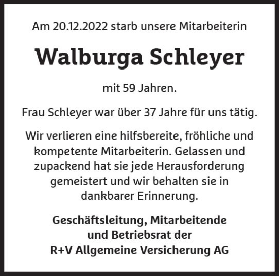 Traueranzeige von Walburga Schleyer von vrm-trauer Wiesbadener Kurier