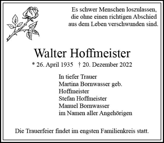 Traueranzeige von Walter Hoffmeister von vrm-trauer Wiesbadener Kurier