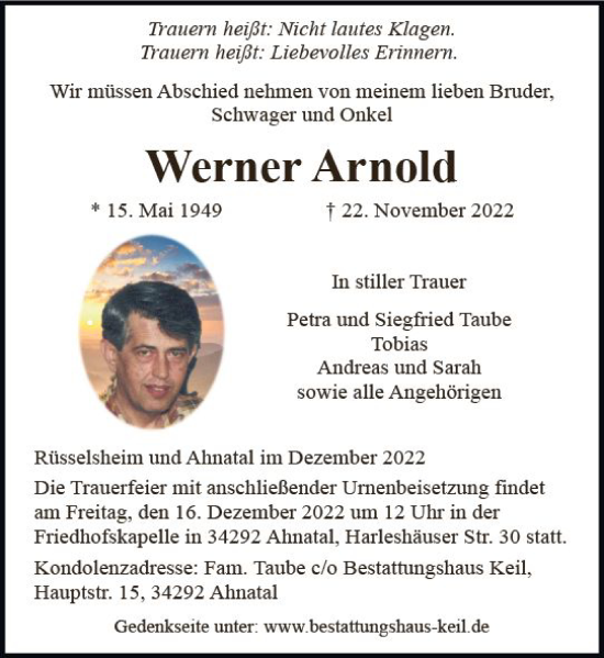 Traueranzeige von Werner Arnold von vrm-trauer Rüsselsheimer Echo / MainSpitze