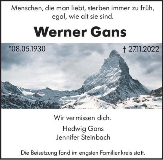 Traueranzeige von Werner Gans von vrm-trauer AZ Mainz