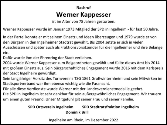 Traueranzeige von Werner Kappesser von vrm-trauer Allgemeine  Zeitung Ingelheim-Bingen