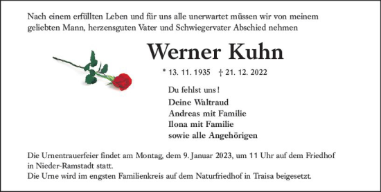 Traueranzeige von Werner Kuhn von vrm-trauer Darmstädter Echo
