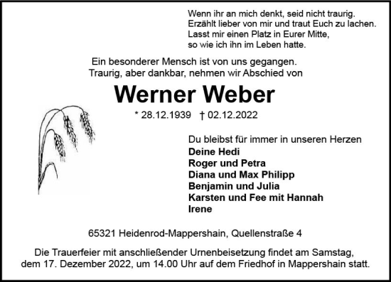 Traueranzeige von Werner Weber von vrm-trauer Wiesbadener Kurier
