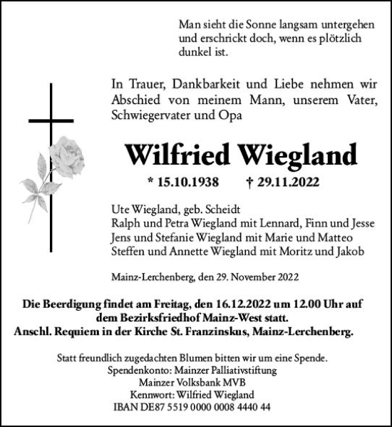 Traueranzeige von Wilfried Wiegland von vrm-trauer AZ Mainz