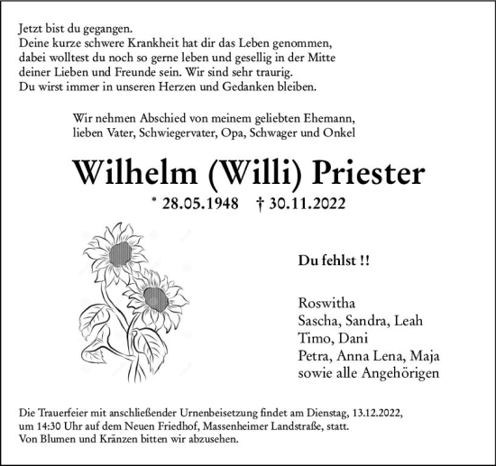 Traueranzeige von Wilhelm (Willi) Priester von vrm-trauer Hochheimer Zeitung