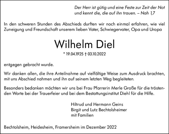 Traueranzeige von Wilhelm Diel von vrm-trauer Allgemeine Zeitung Alzey