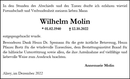 Traueranzeige von Wilhelm Molin von vrm-trauer Allgemeine Zeitung Alzey