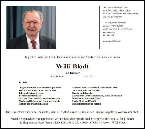 Traueranzeige von Willi Blodt von vrm-trauer Rüsselsheimer Echo / MainSpitze
