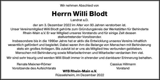 Traueranzeige von Willi Blodt von vrm-trauer Rüsselsheimer Echo / MainSpitze
