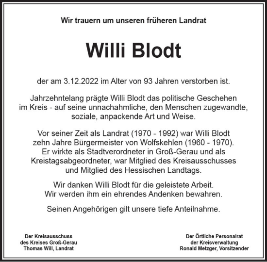 Traueranzeige von Willi Blodt von vrm-trauer Groß-Gerauer Echo