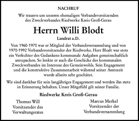 Traueranzeige von Willi Blodt von vrm-trauer Groß-Gerauer Echo