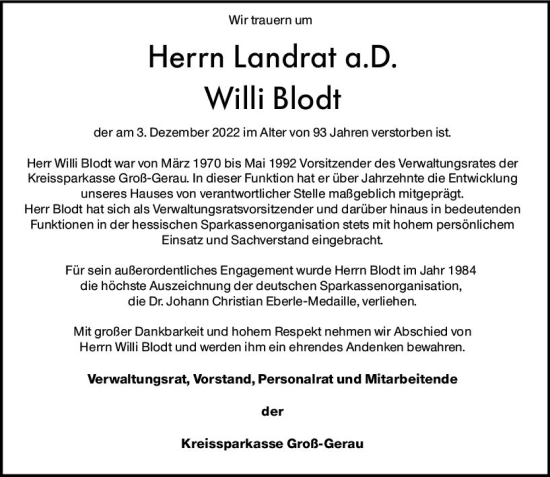 Traueranzeige von Willi Blodt von vrm-trauer Rüsselsheimer Echo / MainSpitze