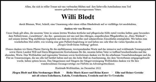 Traueranzeige von Willi Blodt von vrm-trauer Rüsselsheimer Echo / MainSpitze